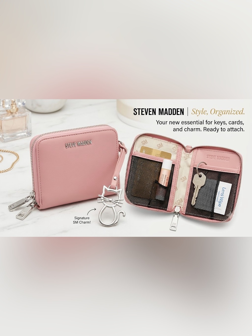 Steve Madden Pale Pink Mini Key Pouch with Cat Charm